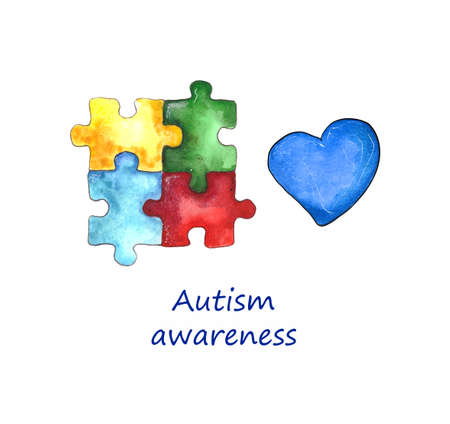 Watercolor illustration.Logo puzzle multi-colored puzzles and a blue heart. World autism awareness day.isolated on a white backgroundの写真素材