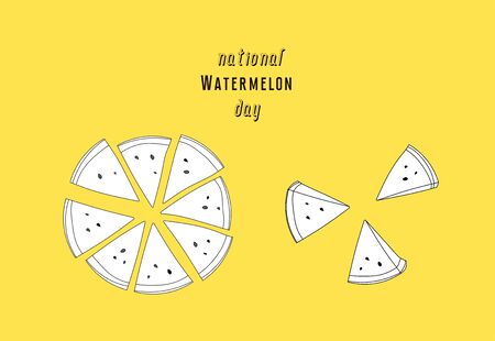 illustration.white watermelon slices on a yellow background.drawing of a watermelon in the contour.template for invitations, banners, posters, business cards.isolated.の写真素材