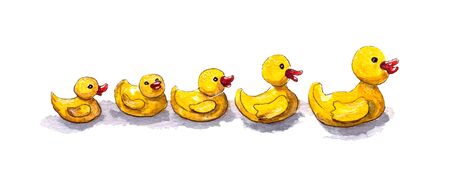 watercolor illustration of a set of yellow rubber bath ducks on a white background. isolatedの写真素材