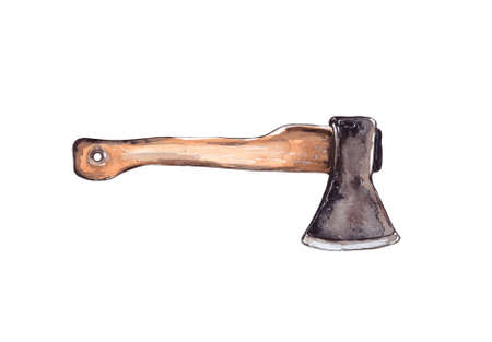 Watercolor illustration.carpenter tools for home repair, new hand axe with wooden handle, isolated on white background.の写真素材