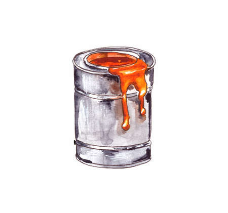 Watercolor illustration.A metal tin can with red paint. isolated on a white background.の写真素材
