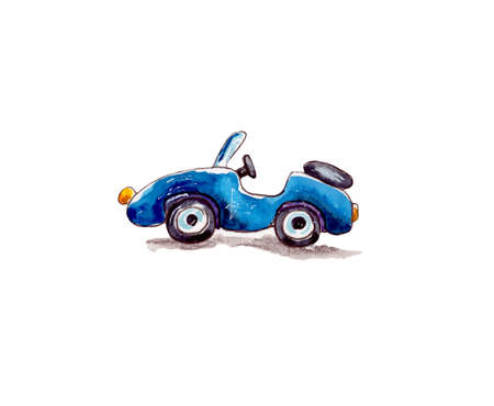 watercolor illustration of a small toy convertible in blue. isolated on a white background.の写真素材