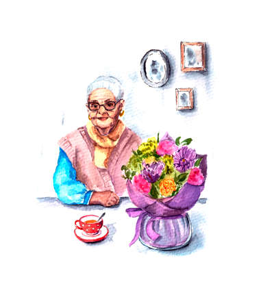watercolor illustration of a happy grandmother sitting at a table with a bouquet of roses.の写真素材