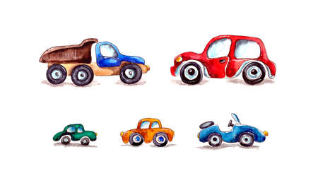 watercolor illustration set of children's toy cars. isolated on a white backgroundの写真素材