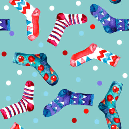 watercolor illustration. seamless pattern of colorful socks on a blue background.の写真素材