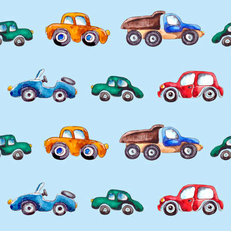 watercolor illustration. seamless pattern of city cars in cartoon style.pattern for children's textiles on a blue background.の写真素材