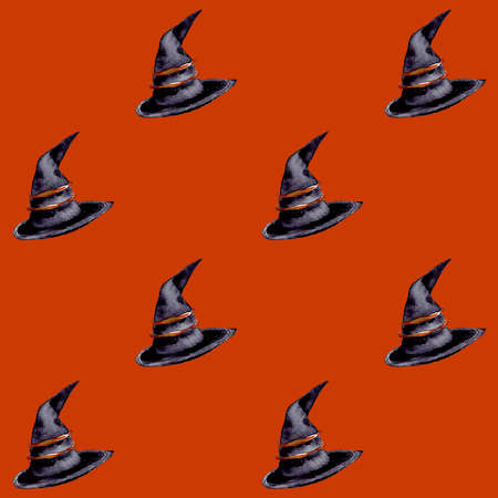 watercolor illustration of a seamless pattern with a witch hat on an orange background for Halloween...