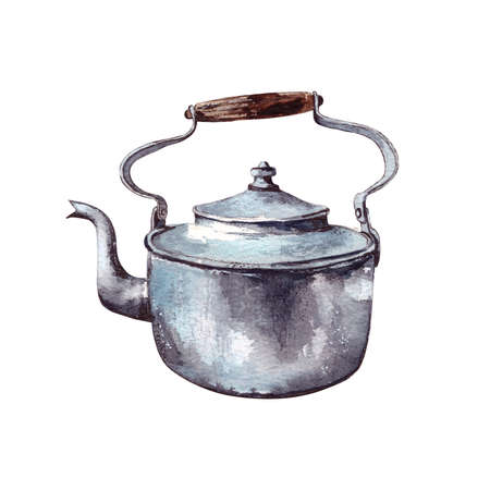 Watercolor illustration.vintage aluminum old teapot. Isolated on a white background.の写真素材