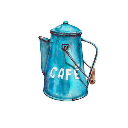 Watercolor illustration.vintage enameled coffee pot with a blue wooden handle. Isolated on a white backgroundの写真素材