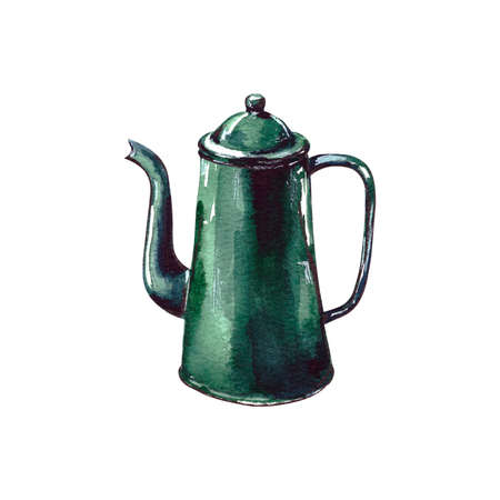 Watercolor illustration.antique green enameled coffee pot. metal retro tableware. Isolated on a white backgroundの写真素材