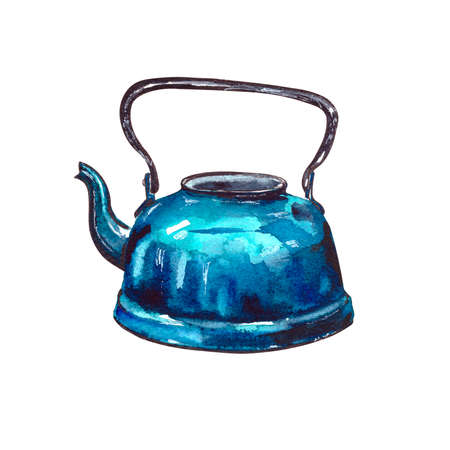 Watercolor illustration.enameled vintage teapot in blue .old retro tableware.Isolated on a white backgroundの写真素材
