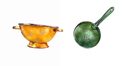 Watercolor illustration.a set of antique enameled colanders in different colors. metal retro...