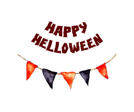 watercolor illustration.a garland of flags and the inscription happy Halloween, a template for a postcard.isolated on a white background.の写真素材