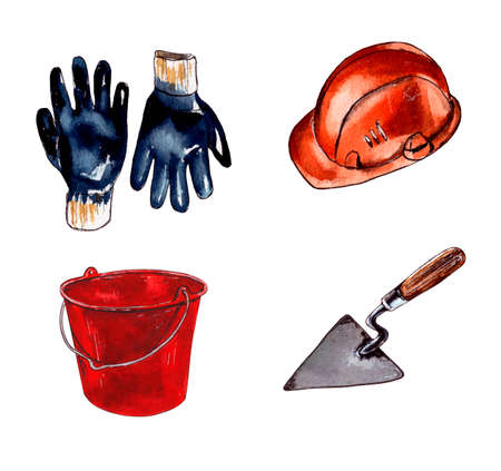 Watercolor illustration.a set of tools for construction.a tool for working with mortar on a construction site. Isolated on a white backgroundの写真素材