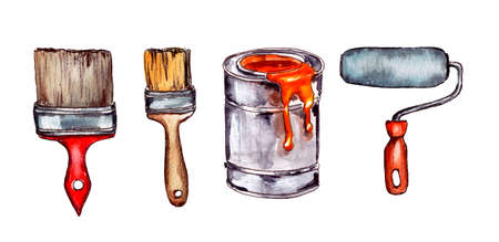Watercolor illustration.repair of apartments and houses, a coat of paint and brushes for coloring the surface. Isolated on a white backgroundの写真素材