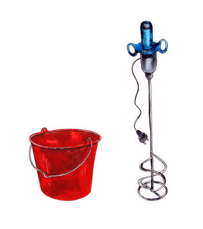 Watercolor illustration.home repair tools, electric construction mixer for mixing mixes and paints. Isolated on a white background.の写真素材
