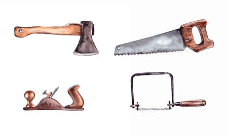 watercolor illustration.equipment hacksaw and pulling the saw, the axe and the plane.Carpenters metal tool with a sharp blade for construction .set of isolated on a white background.の写真素材