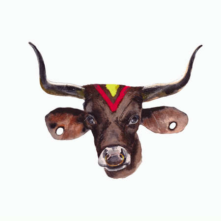 Watercolor illustration.Year Of The Bull 2021.Cute unusual steers. Illustration for the New year and Christmas. The bull is the symbol of the year 2021.isolated on a white backgroundの写真素材