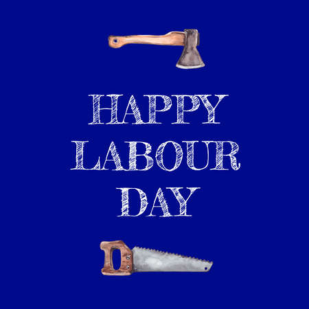 watercolor illustration.World Labor Day concept with stylish text and tools for workers on a blue backgroundの写真素材