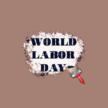 watercolor illustration.World Labor Day concept with stylish text and tools for workers on a blue backgroundの写真素材