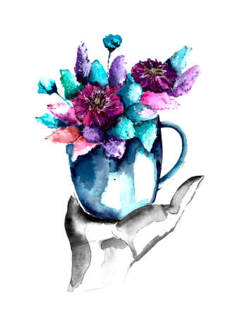 watercolor illustration. a bouquet of flowers in a small Cup in the palm of your hand. isolated on a white background.の写真素材