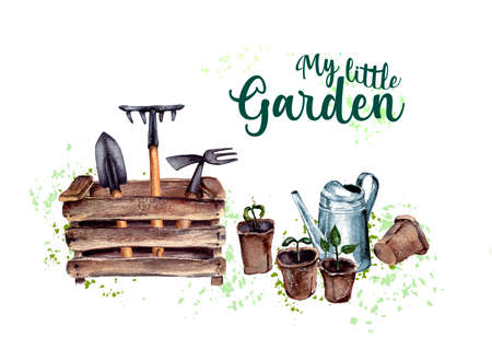 watercolor illustration. a set of garden items. an old wooden box with gardening tools, pots with seedlings and a watering can.ready-made design for a postcard, poster, or poster.isolated on a white background.の写真素材