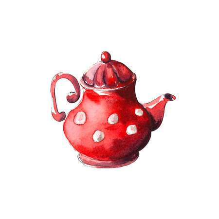 Watercolor illustration.vintage porcelain red teapot with white polka dots. set of retro dishes.Isolated on a white backgroundの写真素材