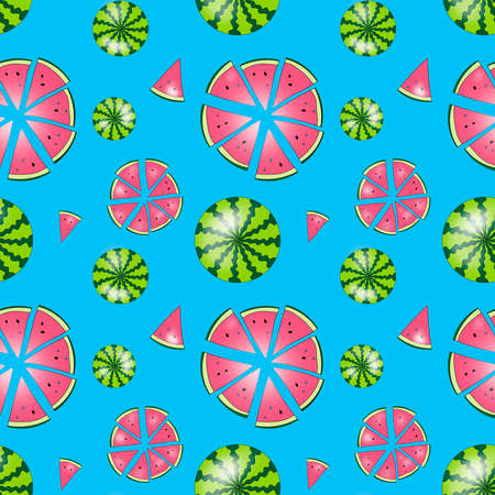 Illustration. Seamless pattern of ripe green watermelon and sliced pieces with a pattern on top. Isolated on a blue background.の写真素材