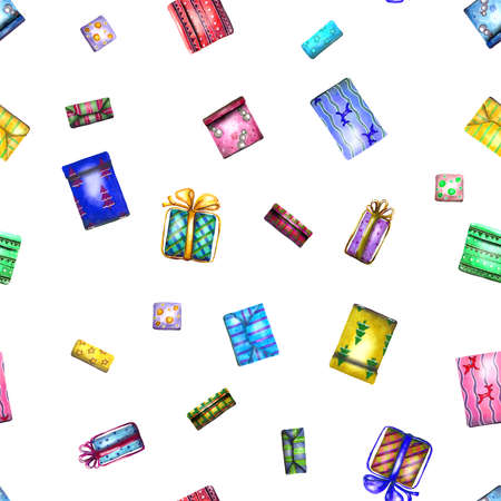 watercolor illustration of a seamless pattern of multicolored gift boxes for a holiday on a white background. happy new year and merry christmasの写真素材
