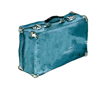 hand-drawn watercolor illustration. on the floor is an old closed blue leather suitcase. isolatedの写真素材