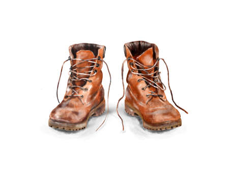 illustration of brown leather travel shoes on a white backgroundの写真素材