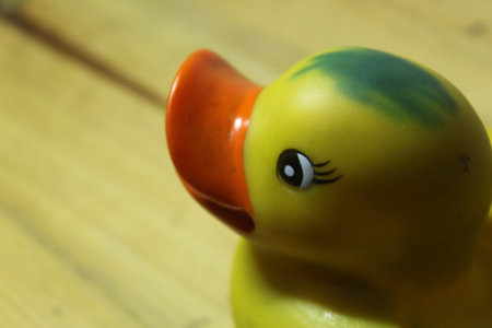 children's toy in the form of a yellow duck on a wooden tableの写真素材