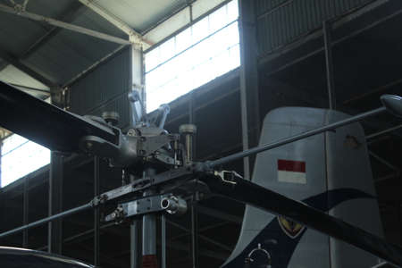 helicopter in the hangar of an airfield, close-up