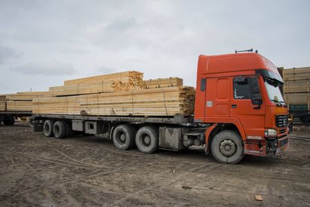 European orange big rig semi truck with chrome details with flat bad trailer transport wood lumber secured with slings for safe transportation running on muddy roadのeditorial素材