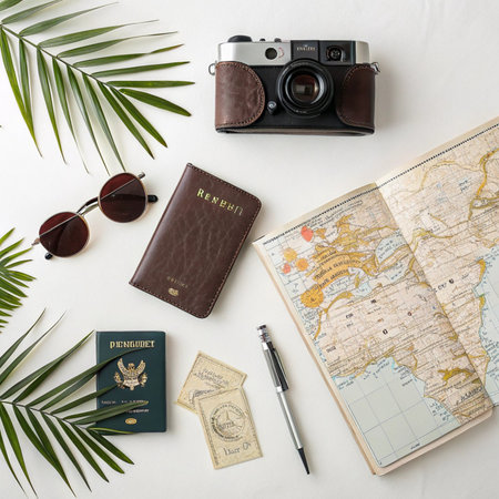 Flat lay travel concept with passport, camera, sunglasses and palm leaves on white backgroundの素材