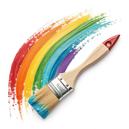 Paint brush with rainbow paint isolated on white background. 3d illustrationの素材
