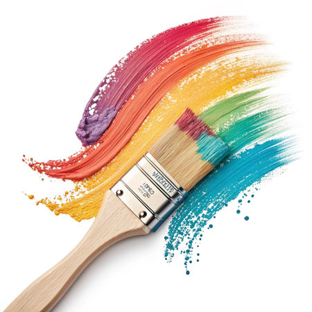 Paint brushes with colorful paint splashes isolated on white background.の素材