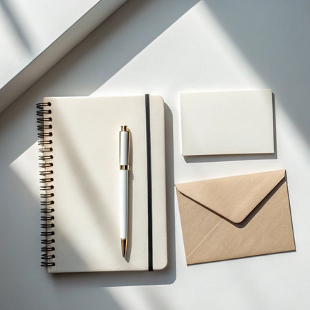 Top view of blank notebook, pen and envelope on white background.の素材
