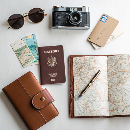 Flat lay travel concept with passport, camera, sunglasses, wallet and money on white backgroundの素材