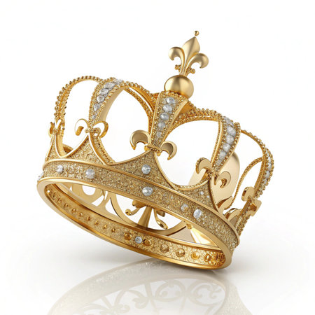 Gold crown with diamonds on a white background. 3d rendering.の素材