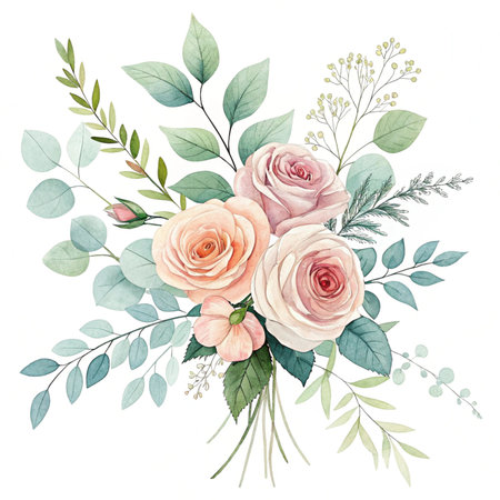 Watercolor floral bouquet with pink roses, eucalyptus, green leaves and branches. Hand drawn vector illustration.の素材