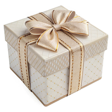 Gift box with golden bow isolated on white background. Clipping path included.の素材