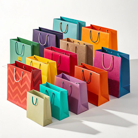 Colorful paper shopping bags on white background. 3D illustration.の素材