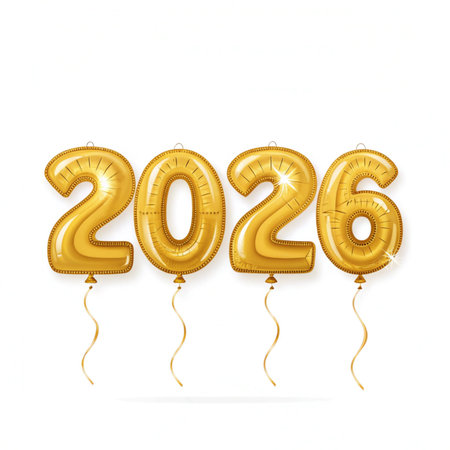 Happy New Year 2016 gold foil balloon numbers and golden ribbons. Vector illustration.の素材