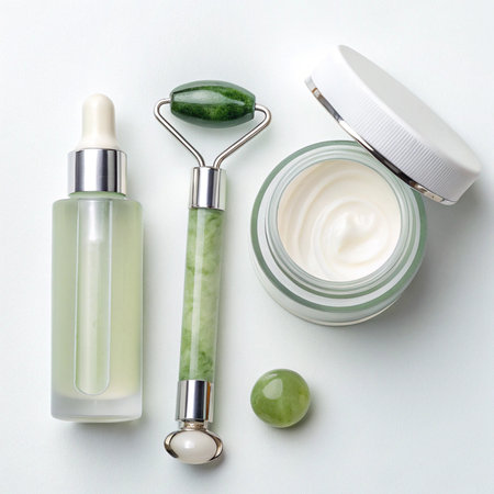 Jars of facial cream and jade roller on white background, top viewの素材