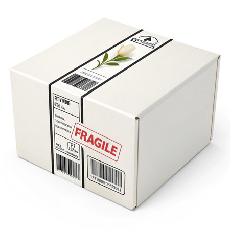 3d rendering of a white cardboard box with a fragile label on itの素材
