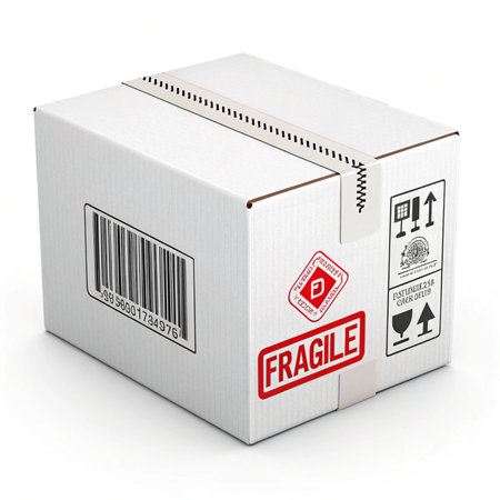 3d rendering of a package box with fragile sign on white backgroundの素材