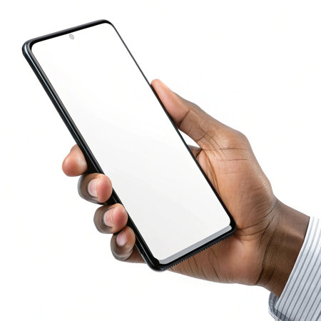 Man hand holding smartphone with blank screen isolated on white background, clipping pathの素材