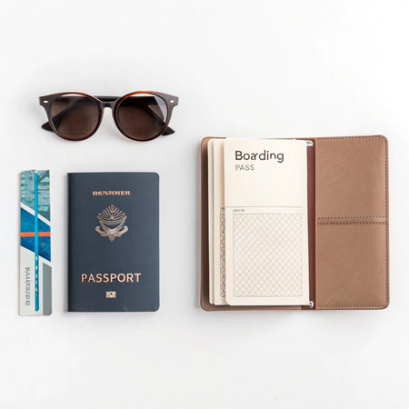 Passport, sunglasses and passport on a white background. Travel conceptの素材