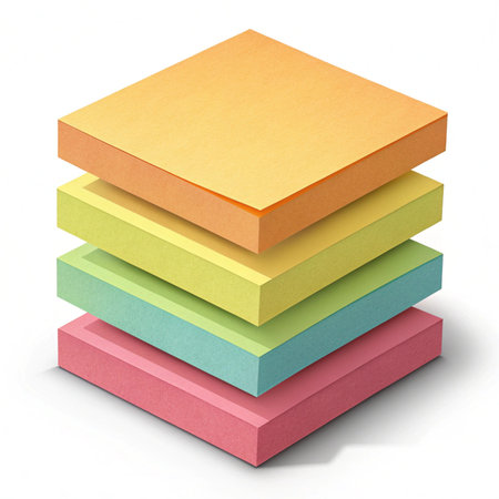 Stack of colorful sticky notes isolated on white background. 3D illustration.の素材